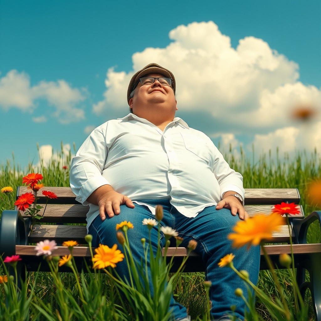 A chubby man sitting on a bench, wearing a white shirt, blue jeans, and a Peaky Blinder hat