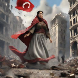 An enormous Turkish woman in traditional attire causing destruction in an urban city, with buildings tumbling and the city thrown into chaos.