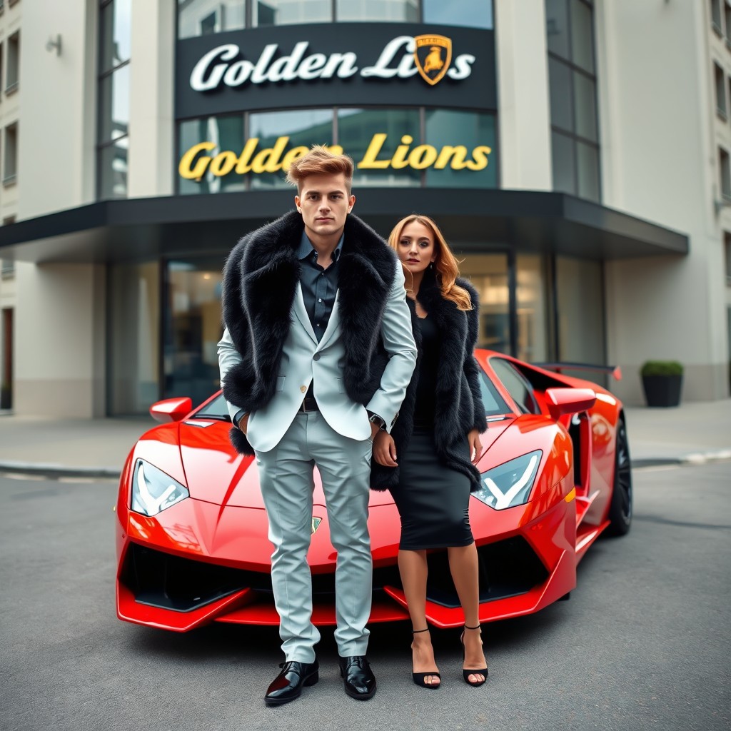 A young businessman with a textured, messy wolf cut hairstyle, wearing a sharp white suit, stands confidently beside a woman in a luxurious black fur coat, stylish heels, and a fitted black dress underneath the coat