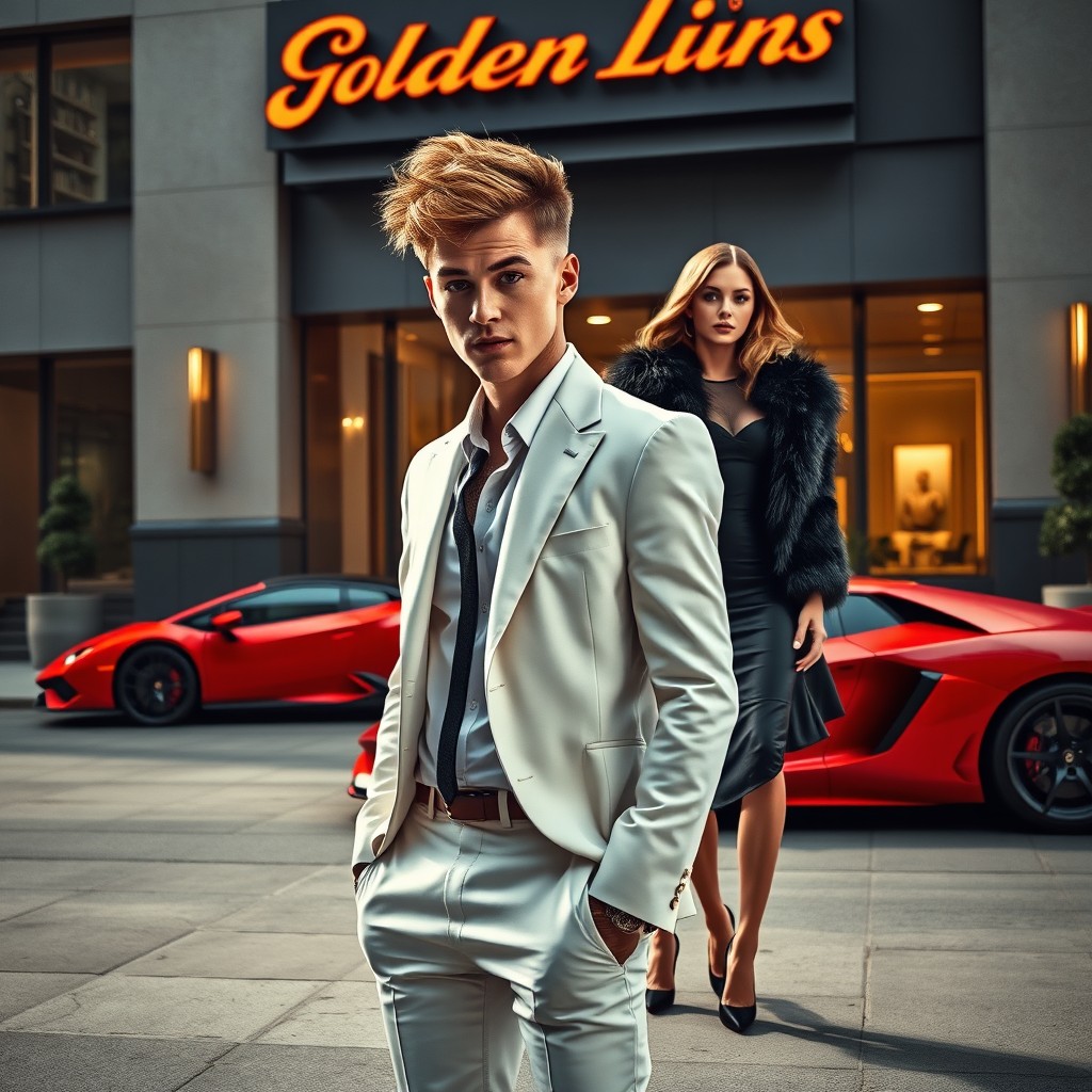 A cinematic movie poster featuring a young businessman with a messy, textured wolf cut hairstyle, dressed in a sleek white suit
