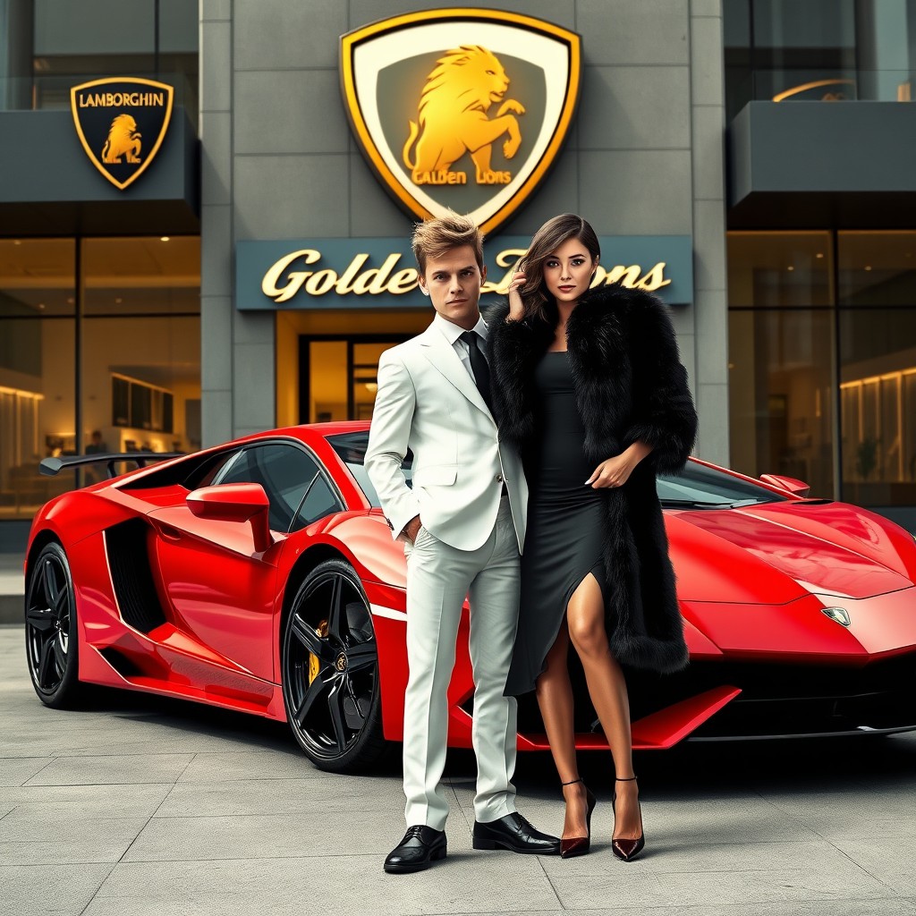 A cinematic poster featuring a young businessman with a textured messy wolf cut hairstyle, dressed in a white suit, standing confidently next to a woman in a luxurious black fur coat, high heels, and a fitted black dress underneath her coat