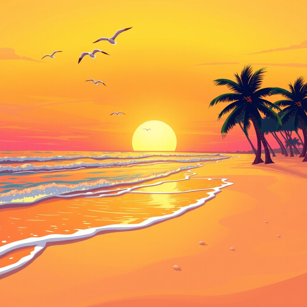 A vibrant and colorful illustration of a serene beach at sunset, with golden sand and gentle waves lapping at the shore