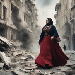 An enormous Turkish woman in traditional attire causing destruction in an urban city, with buildings tumbling and the city thrown into chaos.