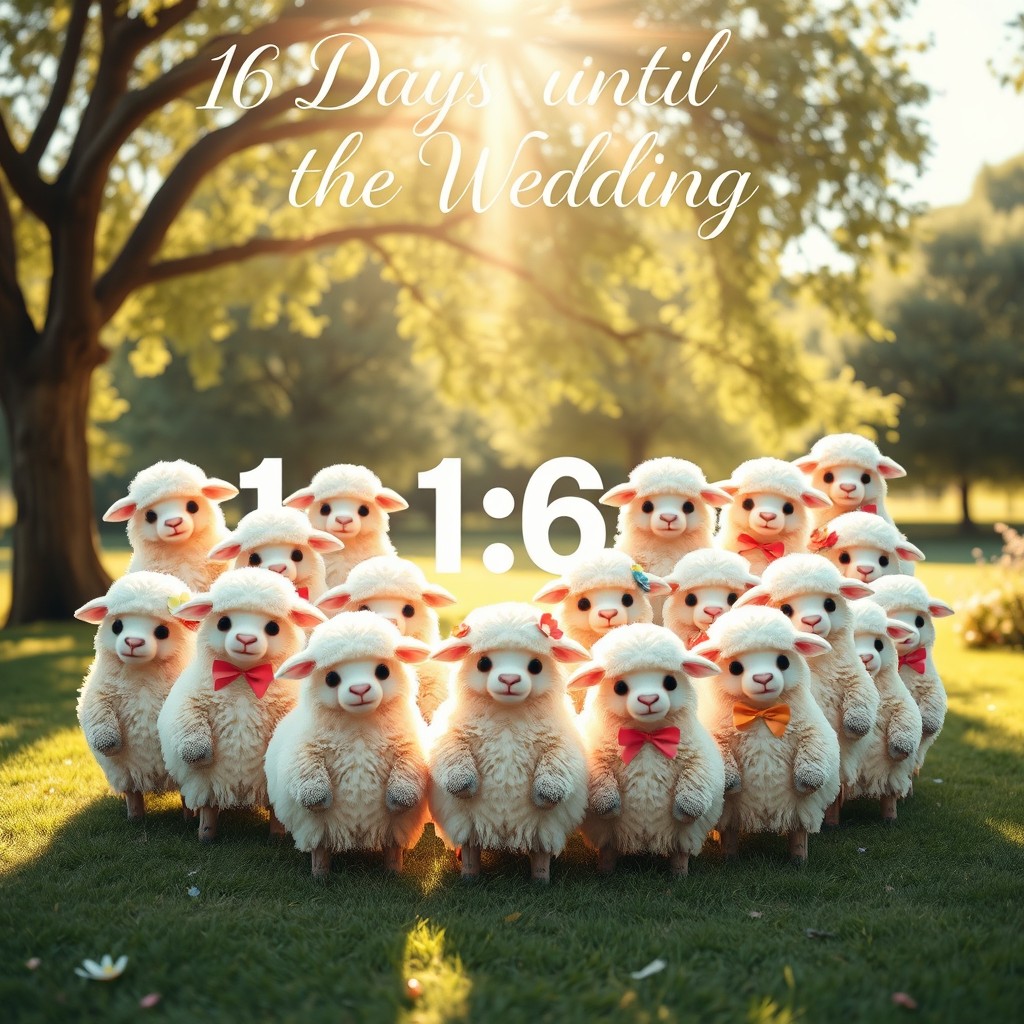 An artistic representation of a wedding countdown featuring 16 fluffy sheep, resembling the famous character from 'The Sixteenth Sheep'