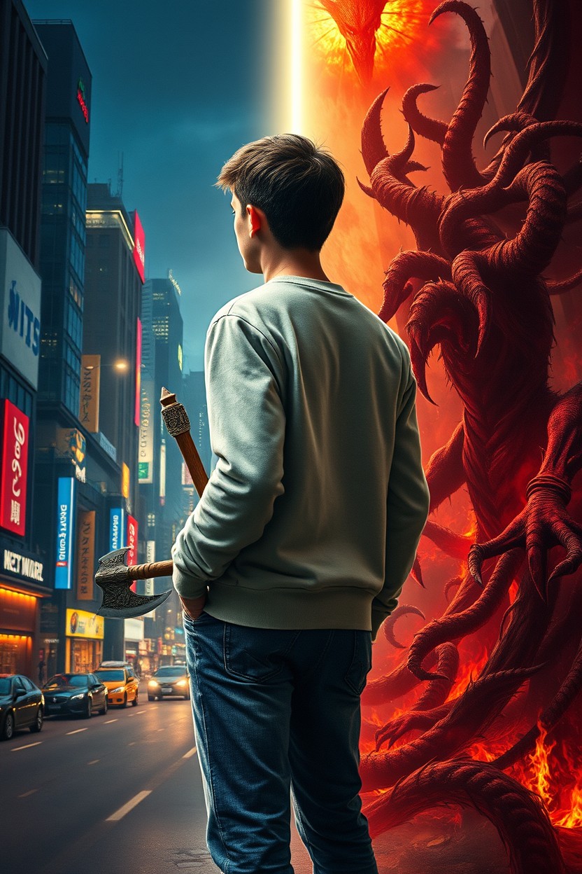 A young man in a light sweatshirt and jeans stands casually with his back to the viewer, holding a small fantasy axe in his right hand and his left hand tucked into his sweatshirt pocket
