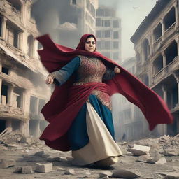 An enormous Turkish woman in traditional attire causing destruction in an urban city, with buildings tumbling and the city thrown into chaos.