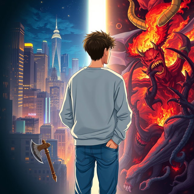 A young man in a light sweatshirt and jeans stands casually with his back against a wall, holding a small fantasy axe in his right hand while his left hand rests in his sweatshirt pocket