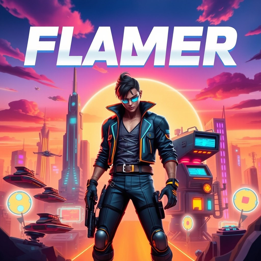 A vibrant and energetic thumbnail for a video game, featuring a futuristic landscape with towering skyscrapers and neon lights