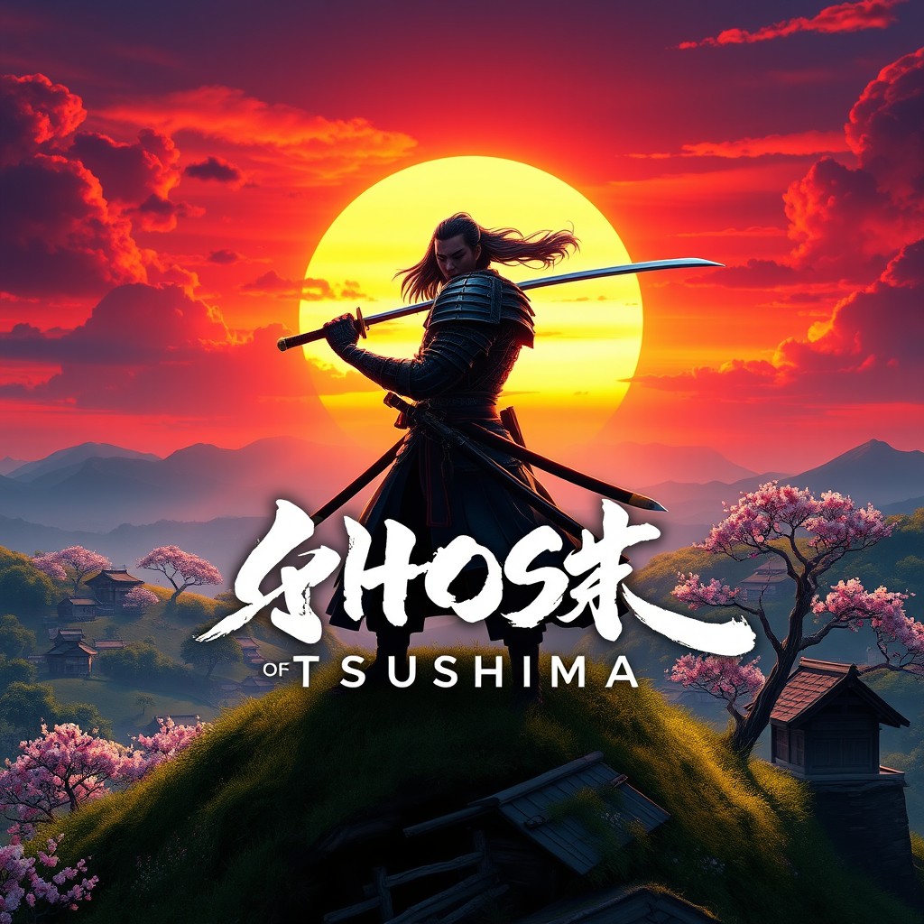 A dynamic and captivating thumbnail for the video game 'Ghost of Tsushima'