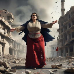 An enormous Turkish woman in traditional attire causing destruction in an urban city, with buildings tumbling and the city thrown into chaos.