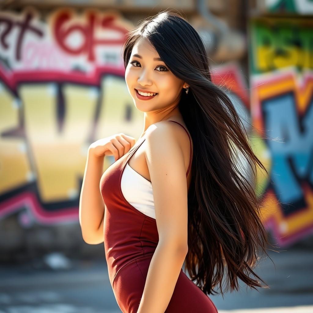 A stunning young Korean woman with long, flowing black hair, wearing a fashionable, form-fitting outfit that accentuates her curves