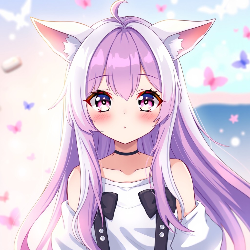 A hot kawaii anime waifu with distinctive ears, featuring long flowing hair in a blend of white and violet colors