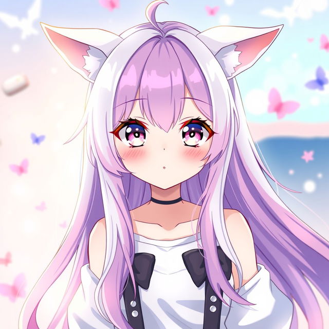 A hot kawaii anime waifu with distinctive ears, featuring long flowing hair in a blend of white and violet colors