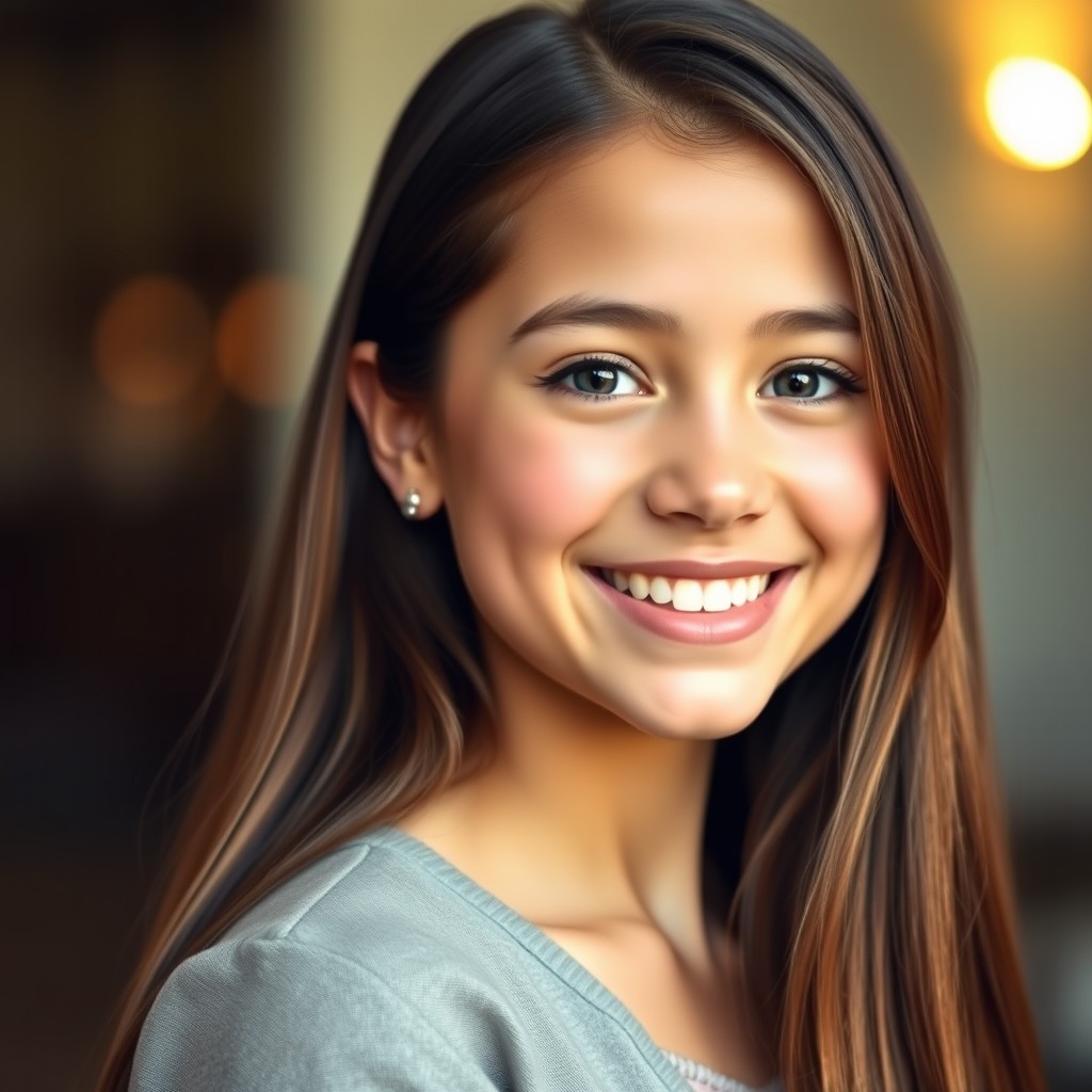 A portrait of a girl with straight, thick, and slightly longer hair, with a bright, cheerful smile