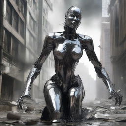 A colossal tin woman causing destruction in a city, with buildings collapsing as she moves, reflecting the distress and chaos in her polished, metallic surface.