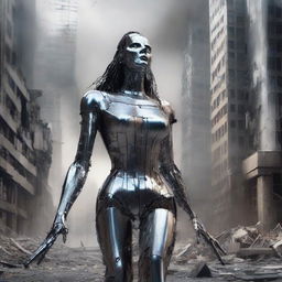 A colossal tin woman causing destruction in a city, with buildings collapsing as she moves, reflecting the distress and chaos in her polished, metallic surface.