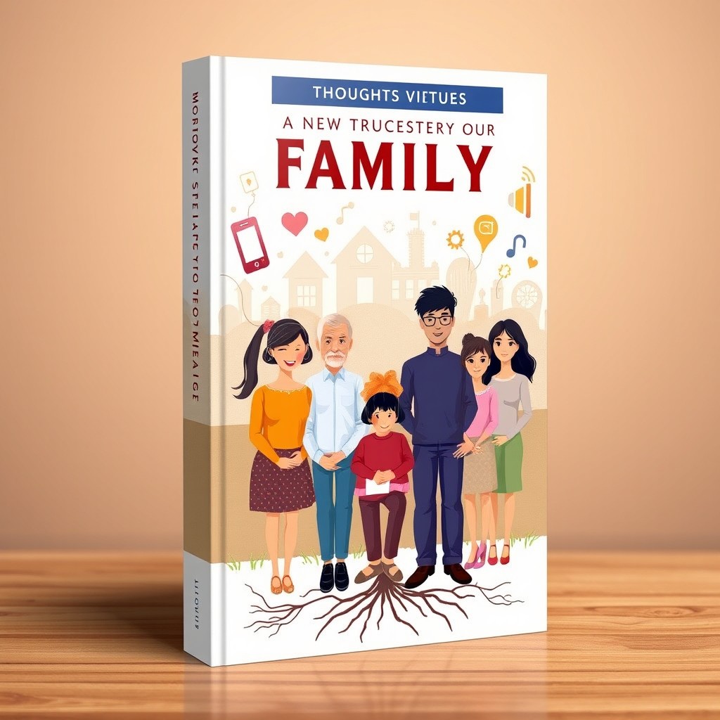 A thought-provoking book cover design that reflects the transformation of family structures in the new media age, emphasizing the support of moral virtues