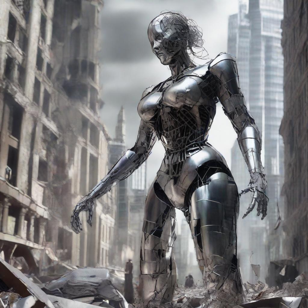 A colossal tin woman causing destruction in a city, with buildings collapsing as she moves, reflecting the distress and chaos in her polished, metallic surface.