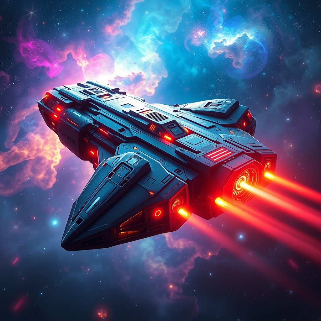 A vibrant and imaginative depiction of a mega-sized futuristic spacecraft in a cosmic setting, showcasing intricate designs and advanced technology and a stylish silhouette against a backdrop of colorful nebulae and stars