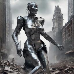 A colossal tin woman causing destruction in a city, with buildings collapsing as she moves, reflecting the distress and chaos in her polished, metallic surface.