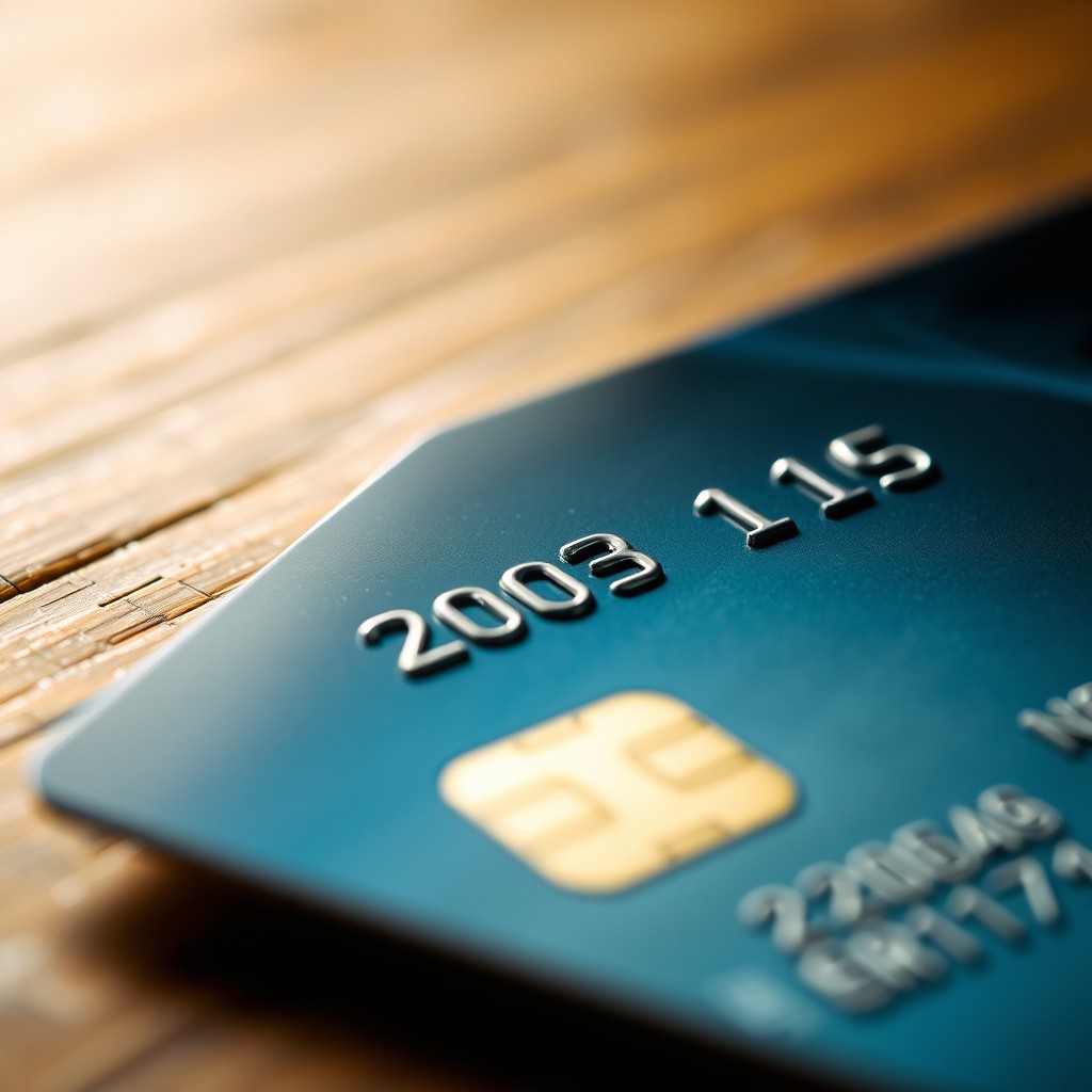 A close-up shot of a credit card lying on a wooden surface, with the card featuring a glossy finish