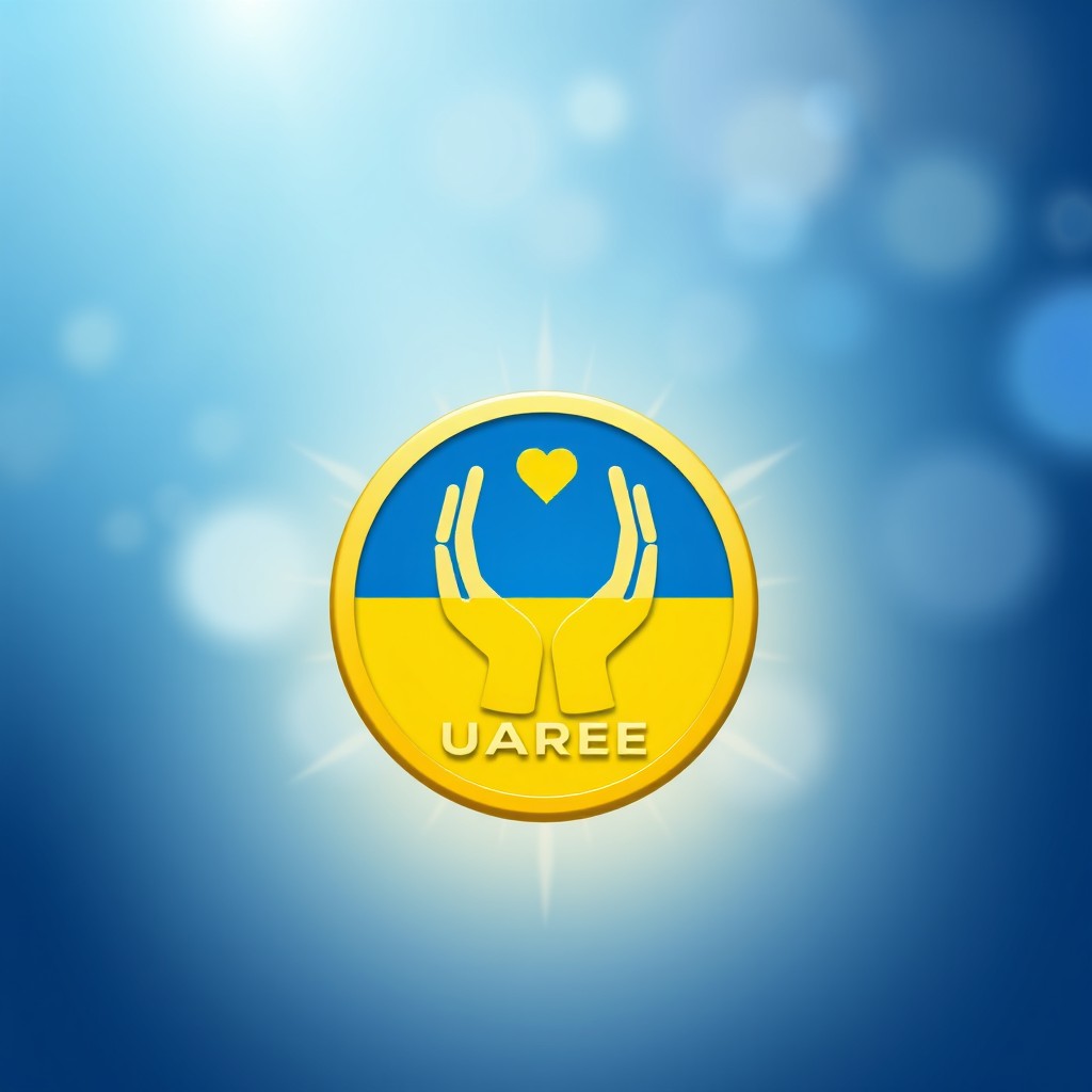 A vibrant and uplifting social avatar for a cryptocurrency token named UAFREE, symbolizing hope and support for Ukrainians affected by war