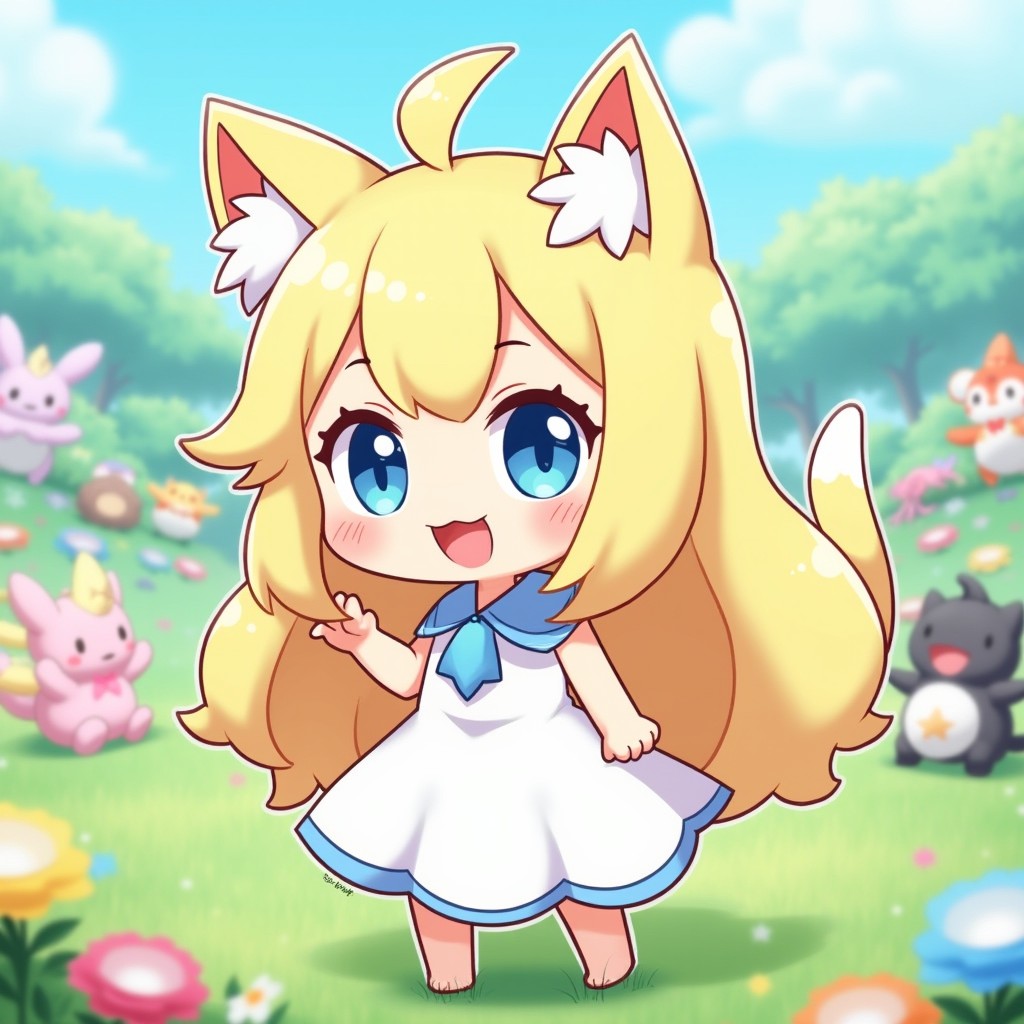 A cute and playful character inspired by Lillie from Pokémon, but with adorable cat ears and a fluffy tail