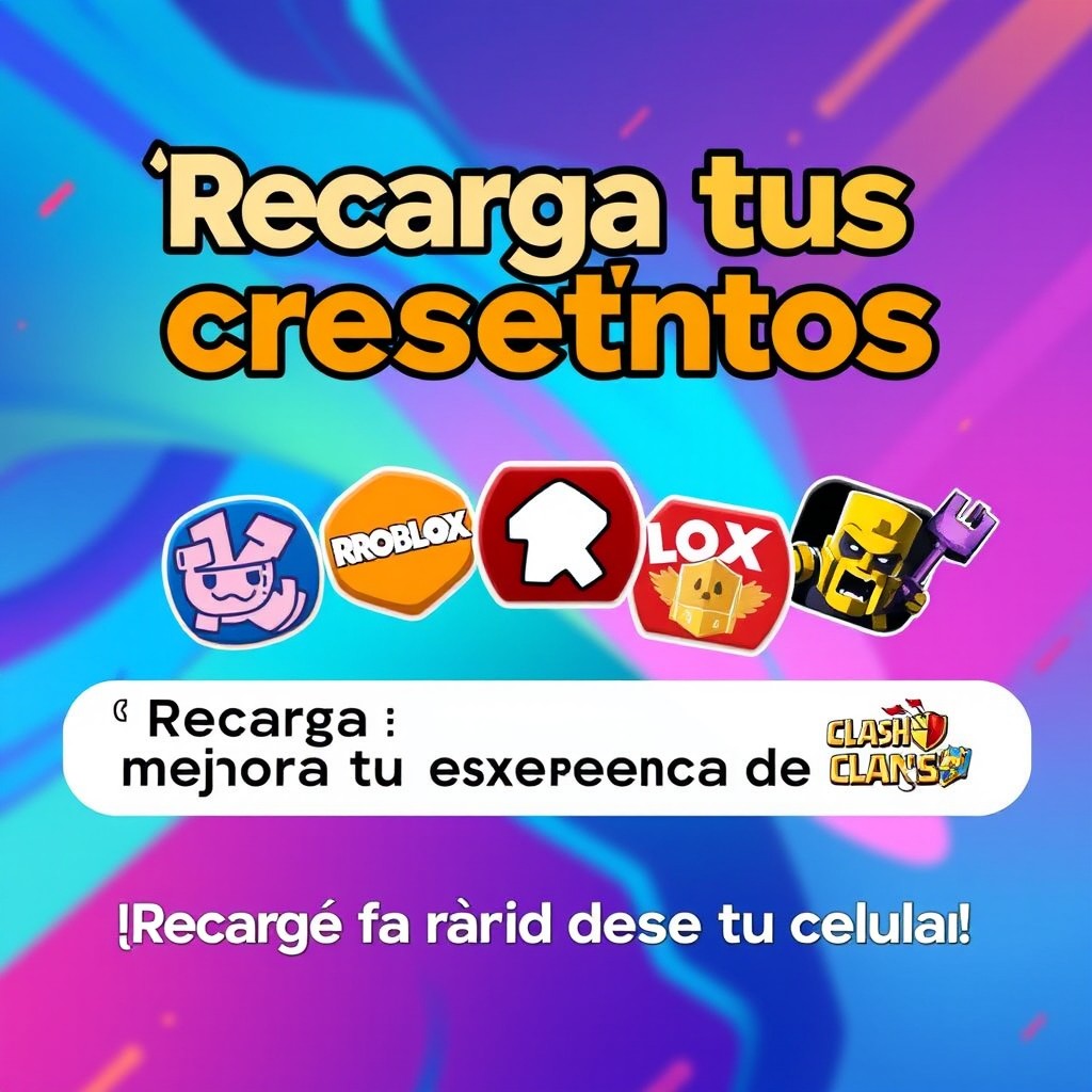 A promotional design for mobile video game credit top-ups featuring an abstract background with vibrant tones