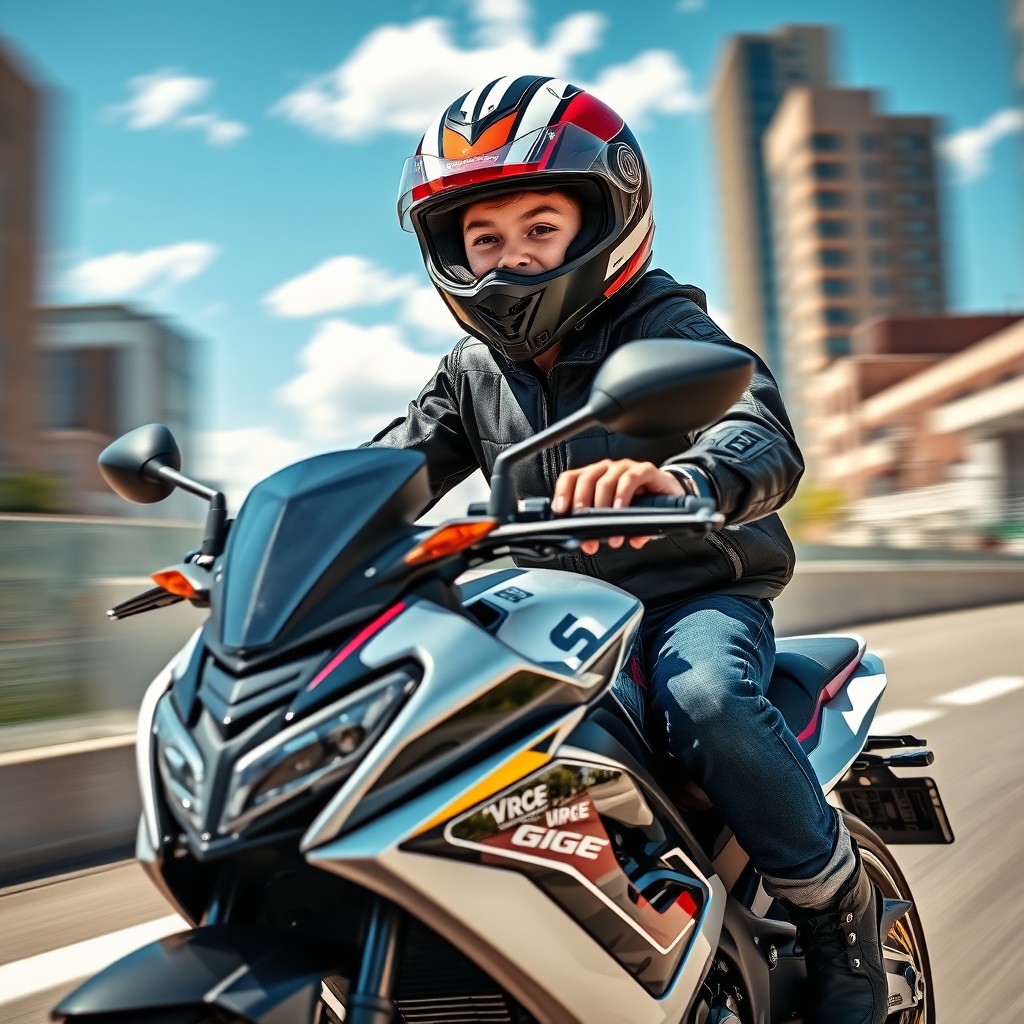 A confident young boy riding a sleek motorcycle, wearing a stylish helmet and protective gear