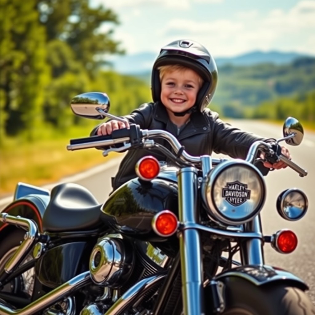 A confident young boy riding a Harley Davidson Heritage motorcycle, showcasing its classic design with chrome accents and a rich black finish