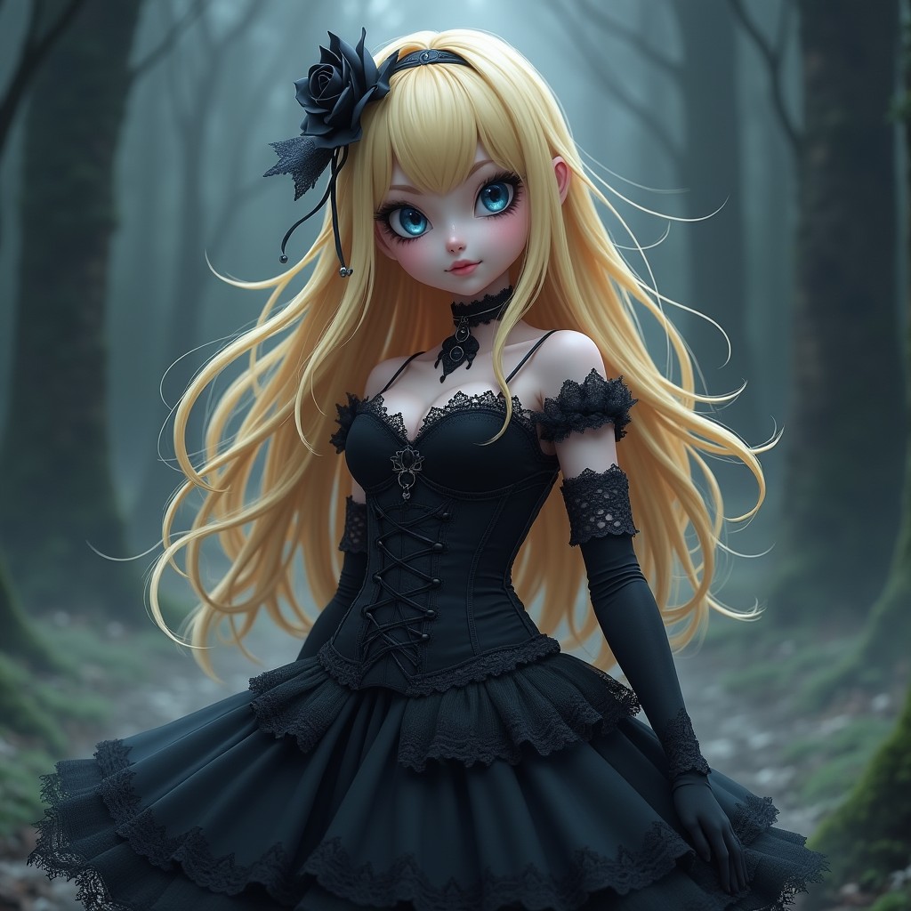 A character inspired by Lillie from Pokémon, dressed in a stylish goth outfit