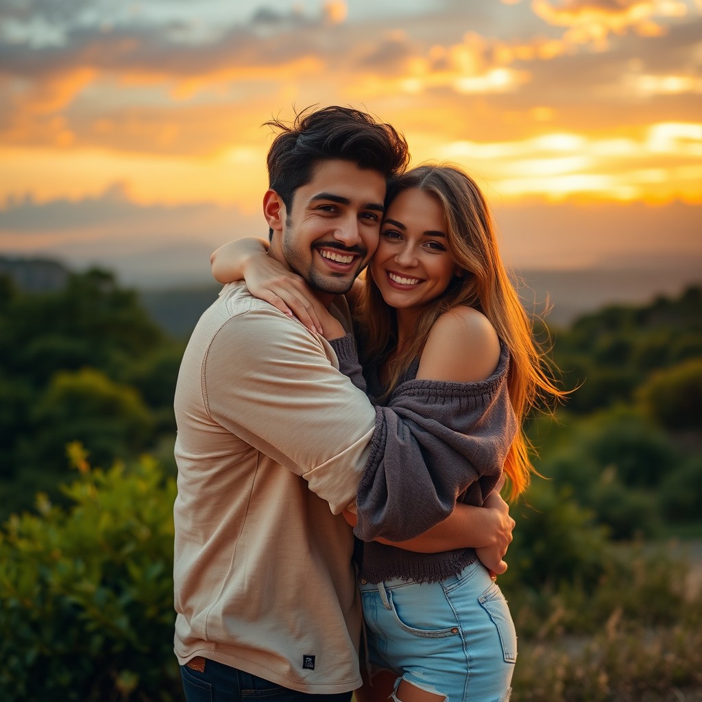 A romantic scene depicting two people embracing each other tightly, showcasing love and affection