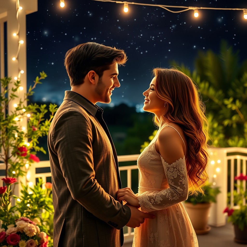 A romantic scene featuring a couple in love, deeply gazing into each other's eyes under a starlit sky