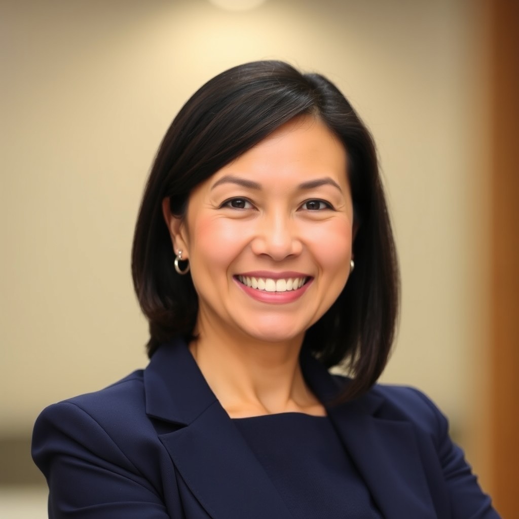 A professional portrait of a woman with a friendly smile, wearing a tailored suit jacket over a sleeveless dress