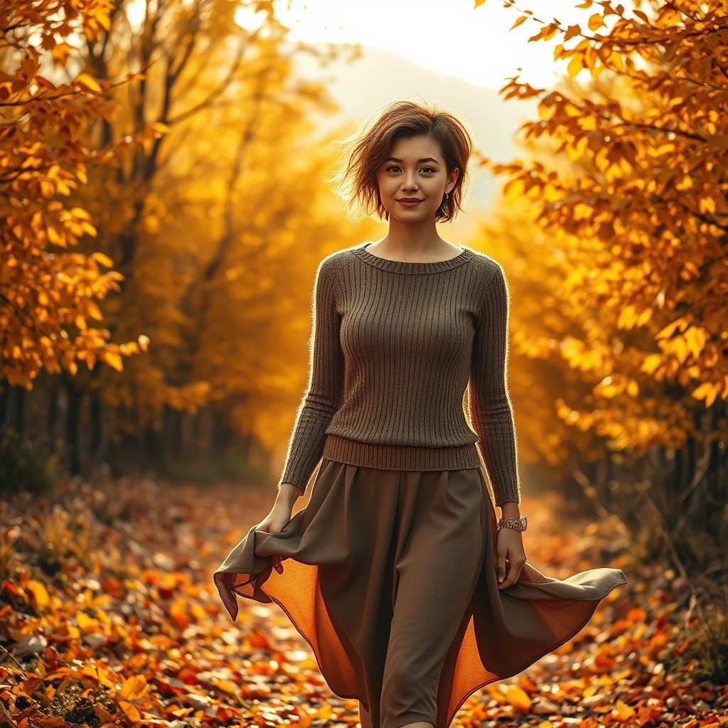 A whimsical and romantic scene featuring a gamine-style woman strolling through a breathtaking autumn landscape