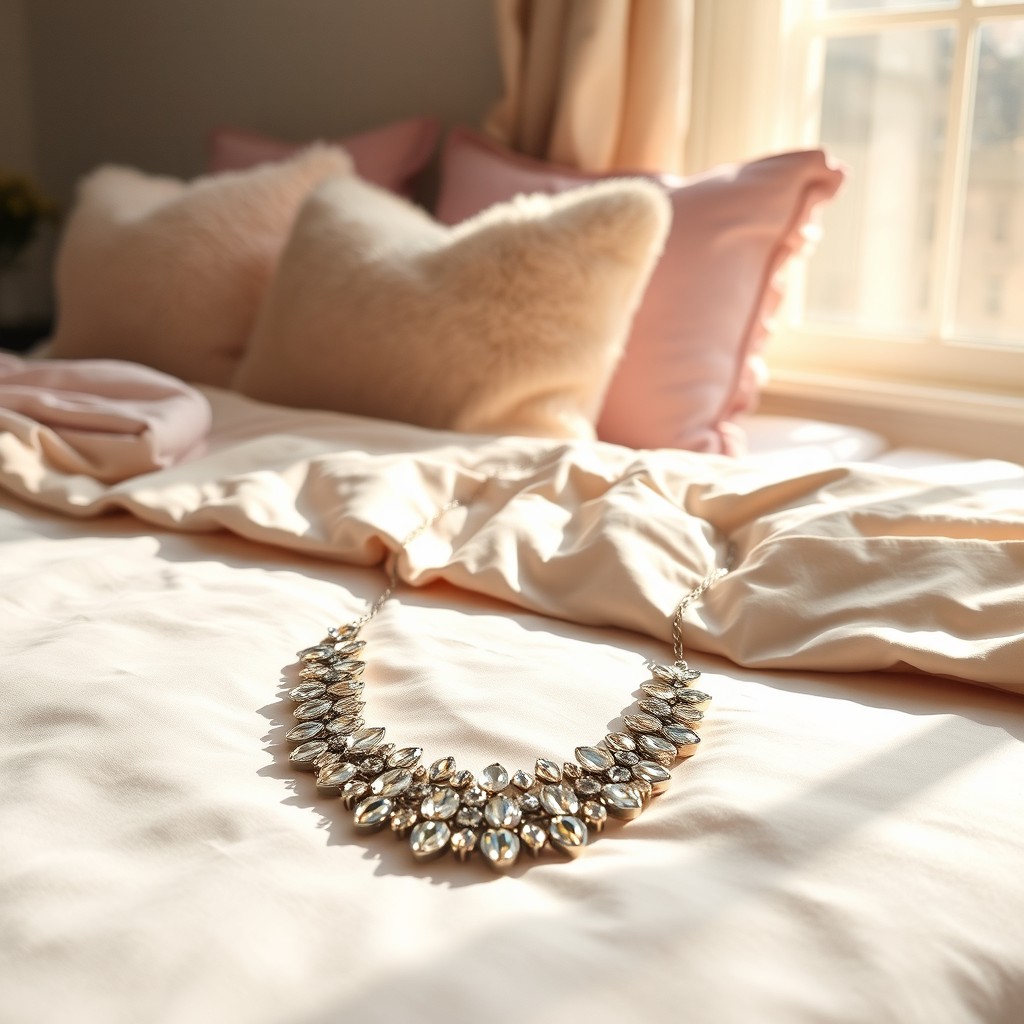 A beautiful, shimmering necklace placed elegantly on a cozy, inviting bed