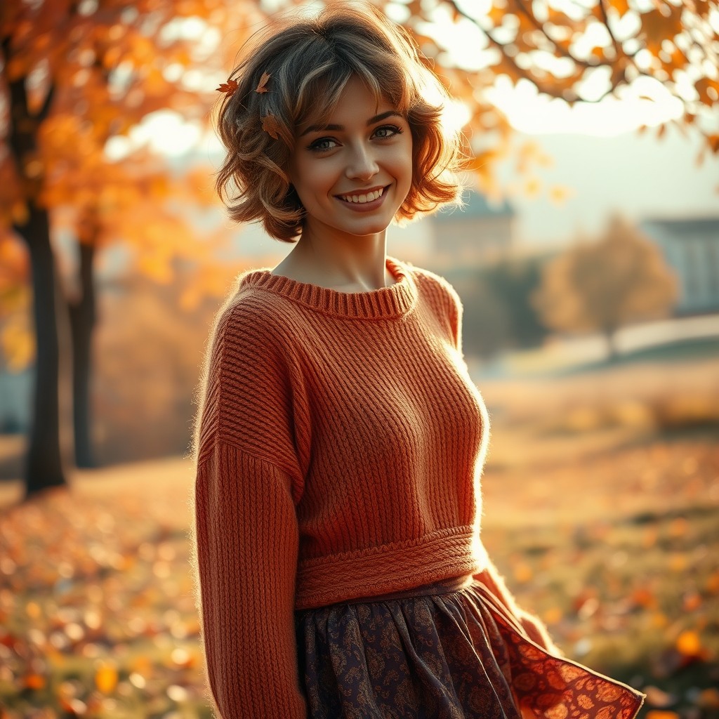 A romantic gamine-style woman embodies the essence of autumn in a serene outdoor setting