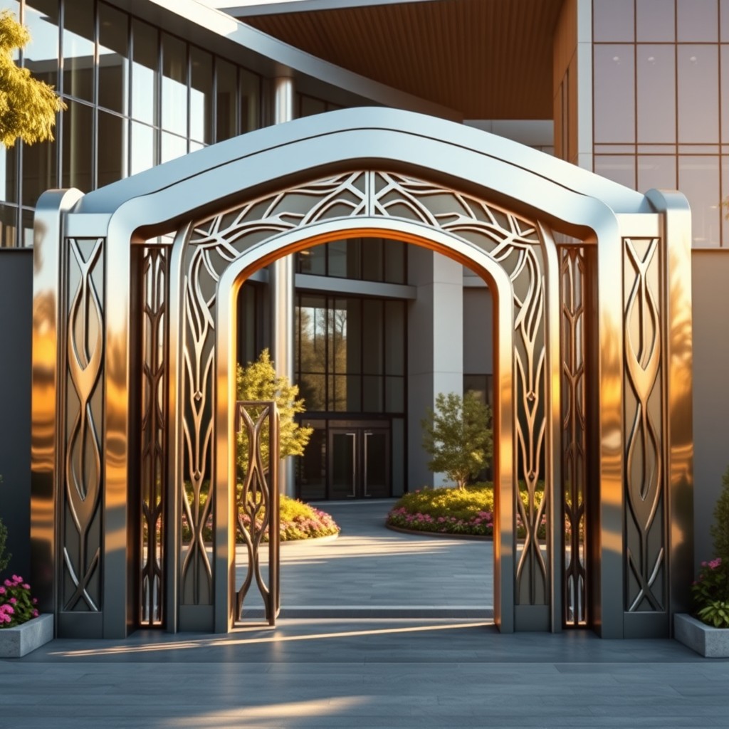A futuristic front gate made of sleek, polished iron, designed for a college building