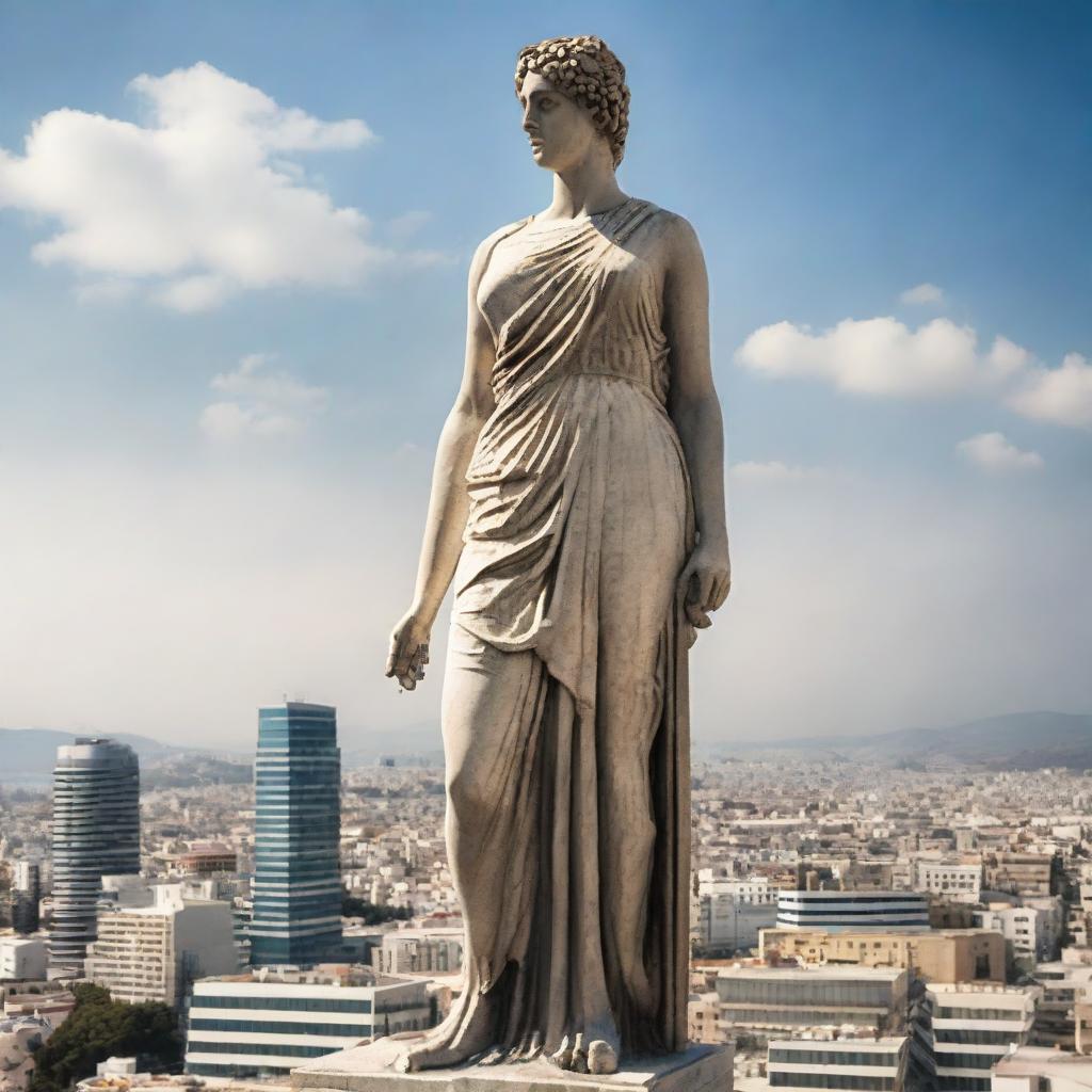 A colossal statue of a Greek woman, dressed in traditional Greek attire, towering over a bustling modern city landscape.