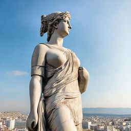 A colossal statue of a Greek woman, dressed in traditional Greek attire, towering over a bustling modern city landscape.