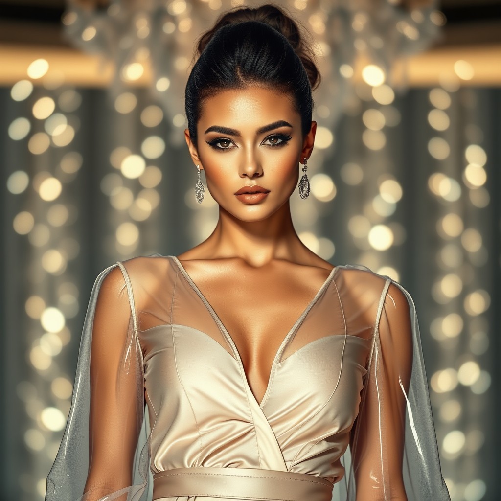 A stunning model dressed in a glamorous outfit featuring transparent sleeves, elegantly covering the chest area
