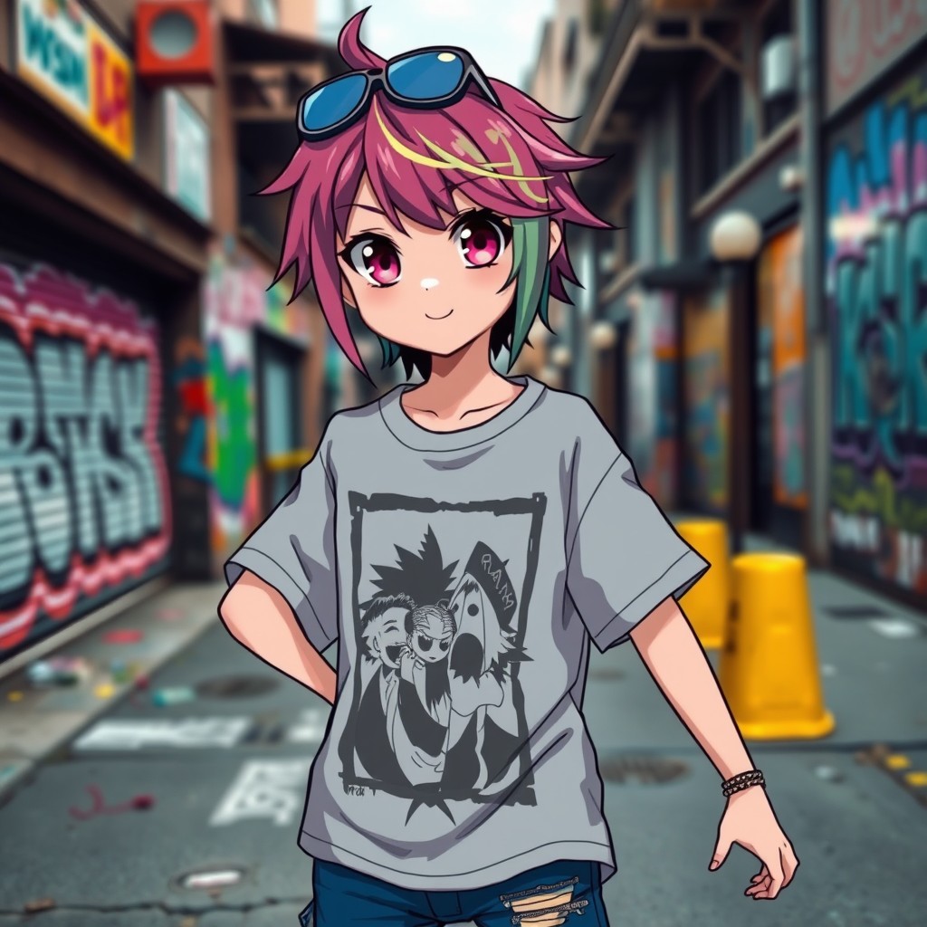 A stylish anime character wearing an oversized used t-shirt, standing in an urban environment