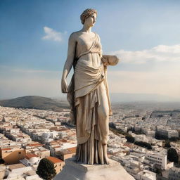 A colossal statue of a Greek woman, dressed in traditional Greek attire, towering over a bustling modern city landscape.