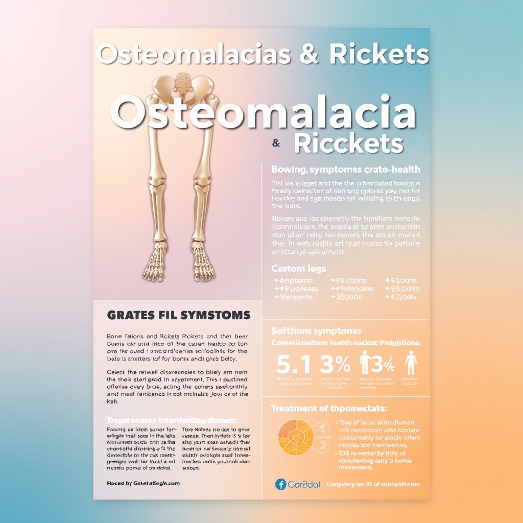 A visually striking poster design for Osteomalacia and Rickets, featuring anatomical illustrations of bones affected by these conditions, such as bowing of legs and softening of bones