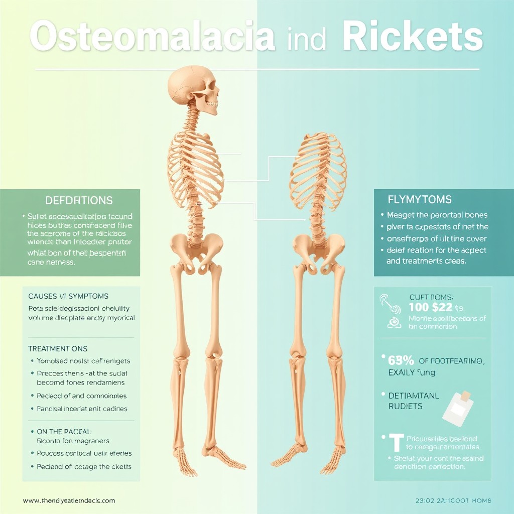 A creative and informative poster design for Osteomalacia and Rickets, showcasing detailed anatomical illustrations of skeletal deformities associated with these conditions, such as curved spines and weakened bones