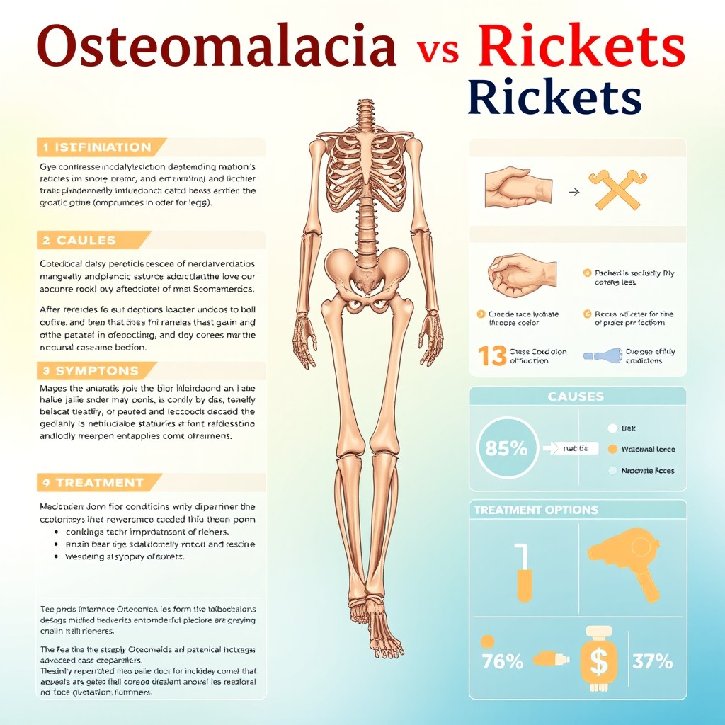 An educational poster design focused on Osteomalacia and Rickets, featuring detailed anatomical illustrations that depict the manifestations of these conditions, like bowed legs and soft bones