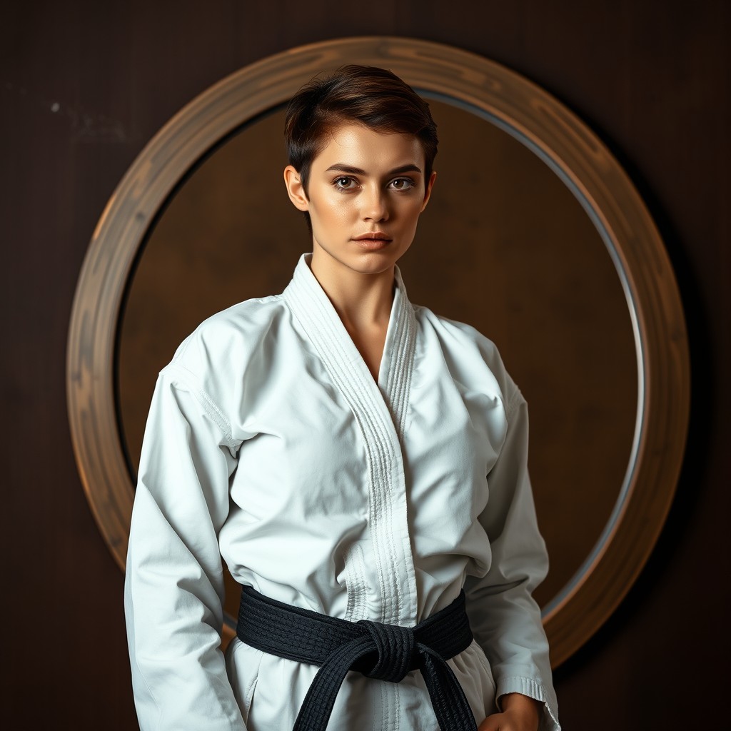 A confident young woman standing in front of a mirror, showcasing her black belt in martial arts