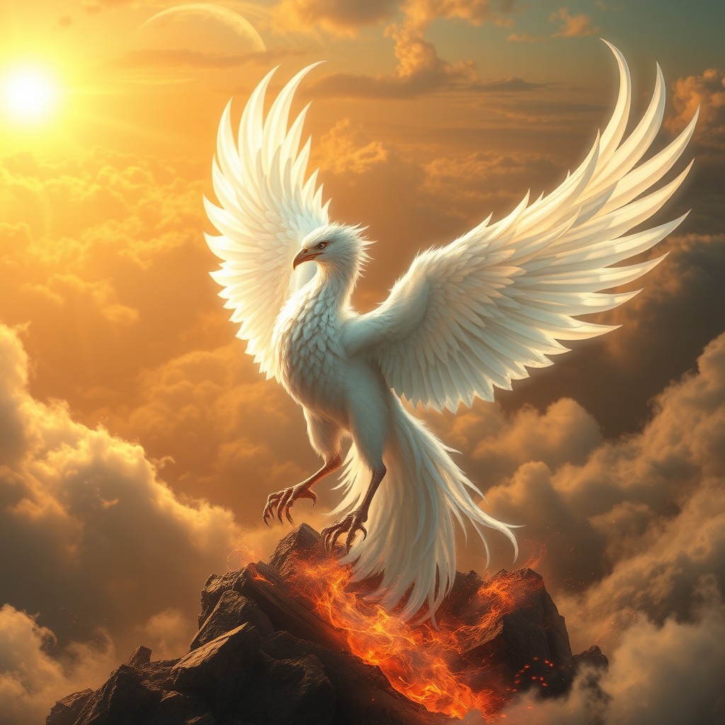 A majestic white phoenix rising from the ashes, its feathers gleaming with iridescent hues in the sunlight
