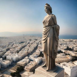 A colossal statue of a Greek woman, dressed in traditional Greek attire, towering over a bustling modern city landscape.