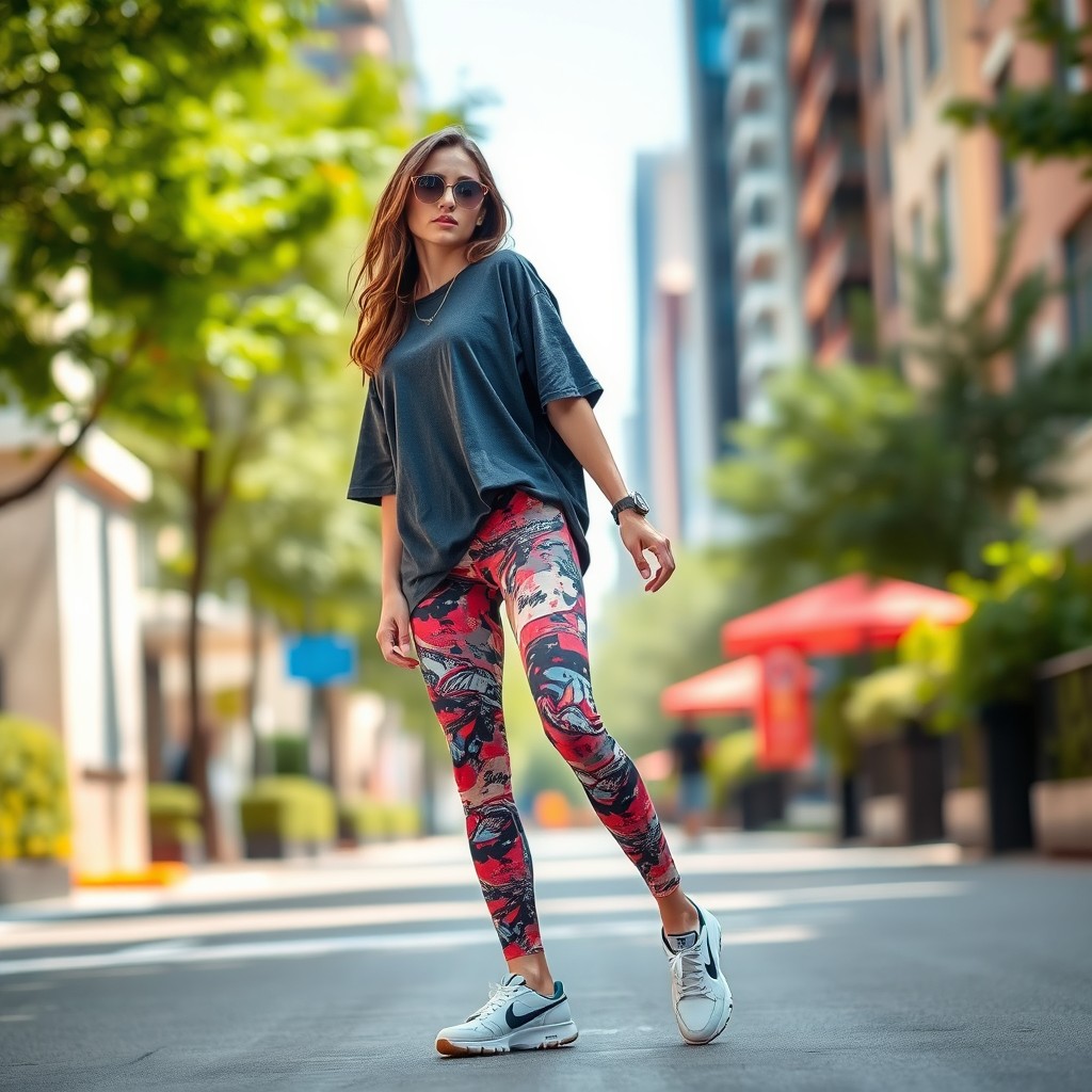 A fashionable model wearing stylish half leggings that reach mid-calf, showcasing a vibrant and trendy pattern